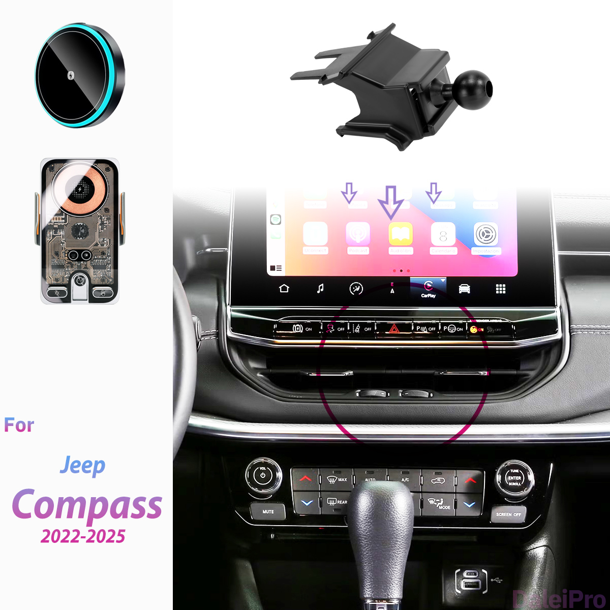 Compass Lensatic - ジープコンパス/コマンダー 2022-2025 車載電話ホルダー ワイヤレス充電ホルダー 自動クランプ式 強力磁気ホルダーベース
