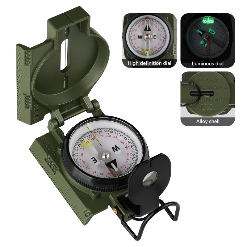 Compass Lensatic - 軍用グレードのコンパス。ハイキングに最適な高精度な方位指示。気泡が入らない液体カプセル、トリチウムと発光マーカー、レンズ式照準器を搭載。